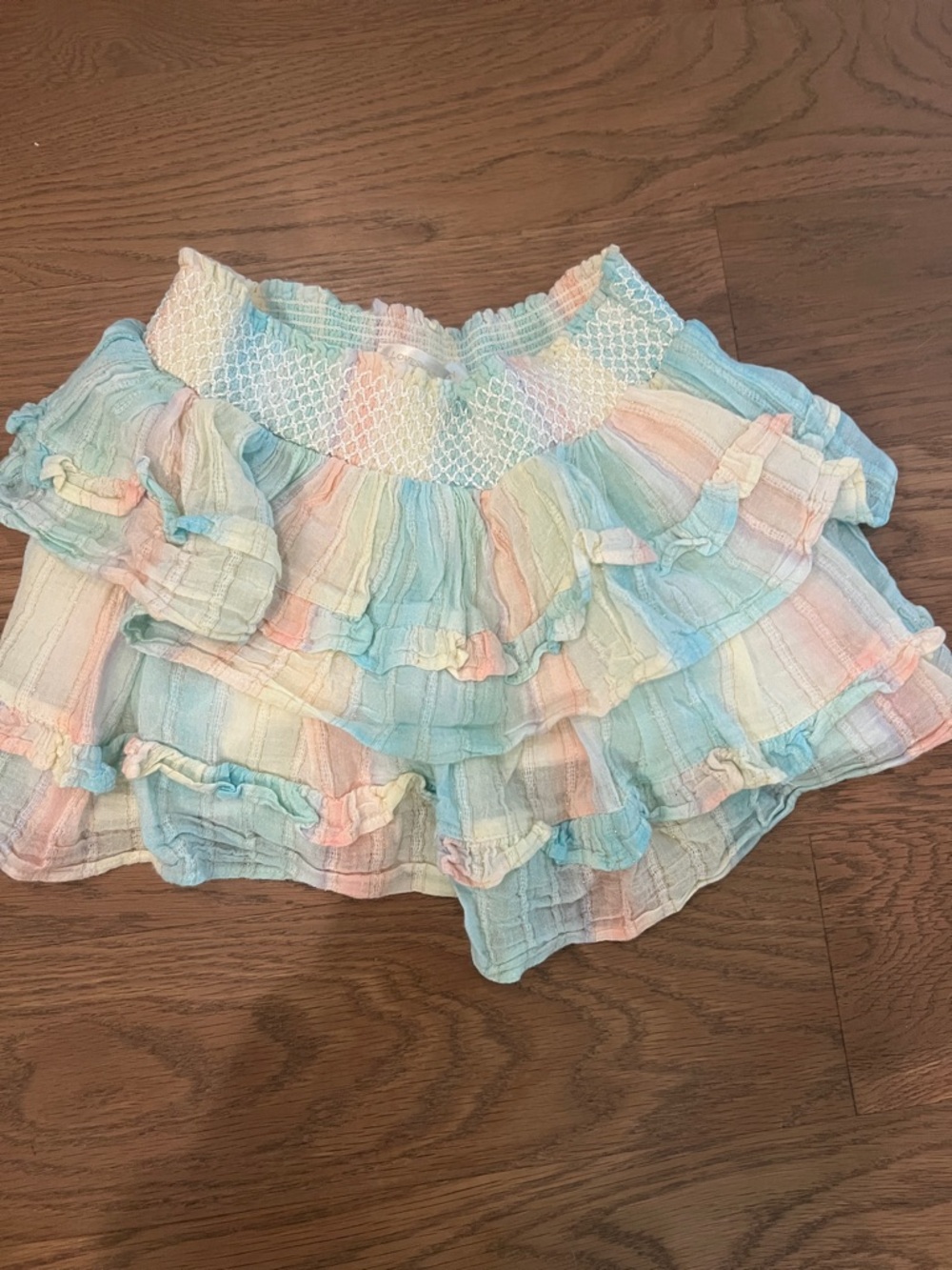 LoveShackFancy Pastel Tiered Ruffle Skirt in Blue, Pink & Cream